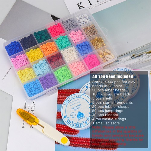 Zoyomax 4000 Pcs Clay Beads 6mm 20 Colors Flat Round Polymer Clay Spacer Beads with Pendant Charms Kit and 4 Roll Elastic Strings for DIY Jewelry Making Bracelets Necklace 